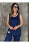 Women's Navy Blue Strappy Round Neck Viscose Two Thread Blouse and Sweatpants Two Piece Set - 2