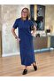 Women's short sleeve crew neck viscose two-thread midi dress with front slit and pockets. - 3