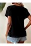 Women's Short Sleeve Crew Neck Asymmetrical Cut Detailed Viscose Blouse - 5