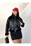 Trend Laminated Sleeves and Plush Belt Inside Crop Jacket Coat