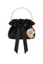 Black Cotton Satin Bag, with Crystal Glass Stone Decorations, Flower Pearl Handle, Black Satin Folded Daily/Formal Dress Bag