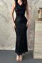 Women's Black Long Evening Dress Sparkly Degaje Collar Strap Fish Pattern - 4