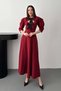 Women's Burgundy Long Dress with Bow Detail, Front Cutout, Balloon Sleeves, Flared Evening Dress