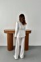 Women's Ecru Top and Bottom Set Belted Jacket Trousers Set Shiny Textured Jacket with Collar Wide Leg Pants - 5