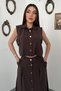 Women's Brown Vest Skirt Set Shirt Collar Crop Top Buttoned Long Skirt - 3