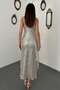 Women's Beige Sequined Chiffon Ruffle Detailed Strappy V-Neck Midi Event Dress - 5