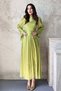 Women's Oil Green Long Gathered Cuffed Belted Pleated Lined Event Dress - 2