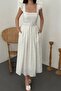 Women's Ecru Embroidered Square Neck Ruffle Sleeve Belted Midi Dress - 4