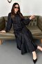 Women's Black Maxi Shirt Collar Belted Striped Buttoned Layered Dress - 2