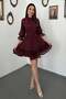 Women's Burgundy Mini Shirt Collar Buttoned Belted Lace Detailed Flared Dress