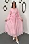 Women's Pink Long Sleeve Lace Cuff Belted A-Line Maxi Dress