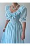 Women's Blue Midi Dress with Plaid Pattern, Ruffle Collar, Balloon Sleeves and Lace Detail - 3