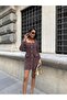 Women's Black - Black Square Neck Button Detailed Plaid Textured Long Sleeve Mini Dress - 2