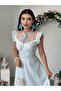 Women's Blue Midi Dress with Plaid Pattern, Lace Collar, Ruffle Sleeves and Flounces - 5