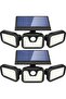 Two solar-powered outdoor lights, equipped with motion sensors, LED spotlights, 74 LED beads, and 360° rotation.