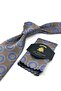 Beige Blue Motif Pattern Classic Tie with Handkerchief Kk13973 - 2