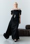 Black Boat Neck Stone Embroidered Drapeli Long Evening Dress - 3