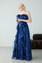 Navy Blue Strapless Flounce Patterned Slit Chiffon Evening Dress - 2