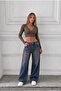 Women's Washed Effect Wide Leg Cut Dark Navy Blue Jean Trousers - 6