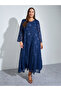 Plus Size Nave Blue Floral Embroidery Jacquard A-Line Maxi Dress - 3