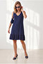 Women's Plain Navy Blue V-Neck Skirt Ruffled Knitted Viscose Dress Elb-19002688 - 2