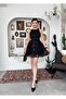 Women's Black Mini Dress Floral Patterned Tulle Embroidered Sleeveless Crew Neck Flared - 6