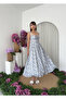 Women's Blue Midi Dress with Square Collar, Floral Pattern, Straps and Gathered Waist - 7