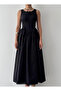 Women's Black Midi Dress Lace-Up Gathered Buttoned Sleeveless Poplin - 2