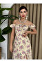 Women's Beige Midi Dress Square Collar Balloon Sleeves Floral Patterned Slit Poplin - 4
