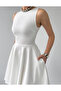 Women's White Mini Dress with Crew Neck, Sleeveless, Pockets, Flared Skirt, Stylish Design - 5