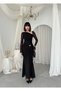 Women's Black Asymmetrical Collar Draped Brooch Detailed Tulle Long Sleeve Midi Dress - 7