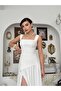 Women's White Midi Dress with Square Collar, Straps, Slits, Draped Chiffon Atlas