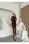 Women's Coffee Color Stand Collar Long Sleeve Gathered Slit Midi Pencil Dress - 6