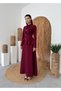 Women's Burgundy Skirt Suit with Stand Collar, Scarf Detail, Buttoned Long Sleeve Maxi - 8