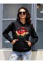 Women's Red Lip Printed Unisex Black Hooded Oversize Sweatshirt