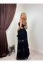 Women's Black Maxi Strappy V-Neck Lace Detailed Layered Long Dress - 3