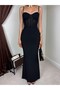 Women's Black Strappy Lace Detailed Sweetheart Neckline Draped Fish Cut Maxi Evening Dress - 4
