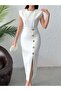 Women's Black Midi Dress with Crew Neck, Shoulder Detail, Buttoned Slit, Fitted - 2