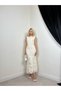 Women's Beige Midi Lace Embroidered Sleeveless Ballerina Collar Lined Event Dress