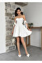 Women's White Mini Dress with Heart Collar, Shoulder Tie, Flared Skirt and Ruffles - 4