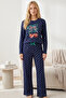 Navy Blue Patterned Cotton Lycra Knitted Pajama Set26240308 - 2