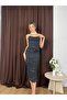 Women's Black Strapless Polka Dot Gathered Floral Appliqué Slit Midi Dress - 2