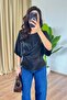Women's Black Draped Blouse with Tie Detail, Short Sleeves, Round Neck