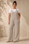 Women's Plus Size V-Neck Pocketed Back-Tie Inner White T-Shirt 2-Pack Aerobin Wide-Leg Jumpsuit Set (Not Stretchy)