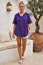 Purple V-Neck Short Sleeve Buttoned Collar and Cuff Ruffles Casual Muslin Oversize Woven Blouse 77 70 - 6