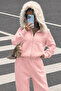 Muchi Pink Furry Hooded Comfortable Fit Premium 3 Thread Thick Sweatshirt Tracksuit Set with Kangaroo Pocket - 5