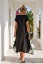 Black V-Neck Short Sleeve Mesh Detailed Lycra Combed Cotton Fabric Casual Cotton Knitted Dress 123 55 - 8