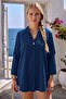 Dark Blue High Neck 3/4 Sleeve Embroidered Hem Oval Casual Cotton Woven Blouse 72 62 - 3