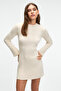 Encanto Women's Round Neck Stripe Pattern Slim Fit Ecru Dress - 2