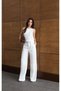 Women's White Blouse Pants Set Crew Neck Sleeveless High Waist Lace-Up Palazzo - 3